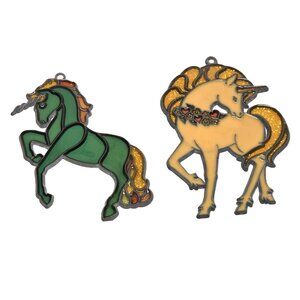 Vintage Unicorn Suncatcher Ornament Lot x2 Makit Bakit Stained Glass Green Set